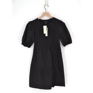 NEW Sanctuary Poplin Mix Dress Black S Tiered Puff Sleeve Solid Mini Cotton
